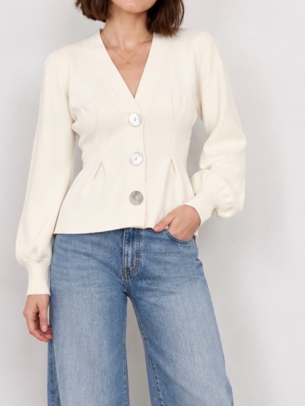 MESHKI Ivory Peplum Cardigan XXS Balloon Sleeve Mother of Pearl Button Sweater